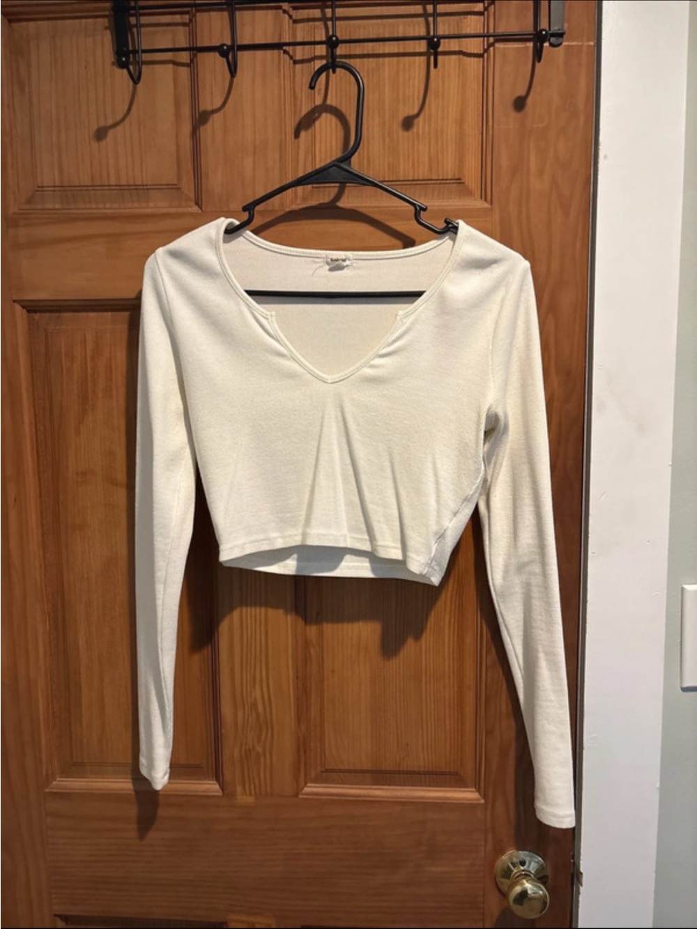 Garage White Cropped Long Sleeve Shirt, Scooped Neck
